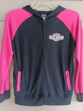 Harley Davidson Motorcycles Youth Girls 10/12 Black & Glitter Pink Zip Up Hoodie